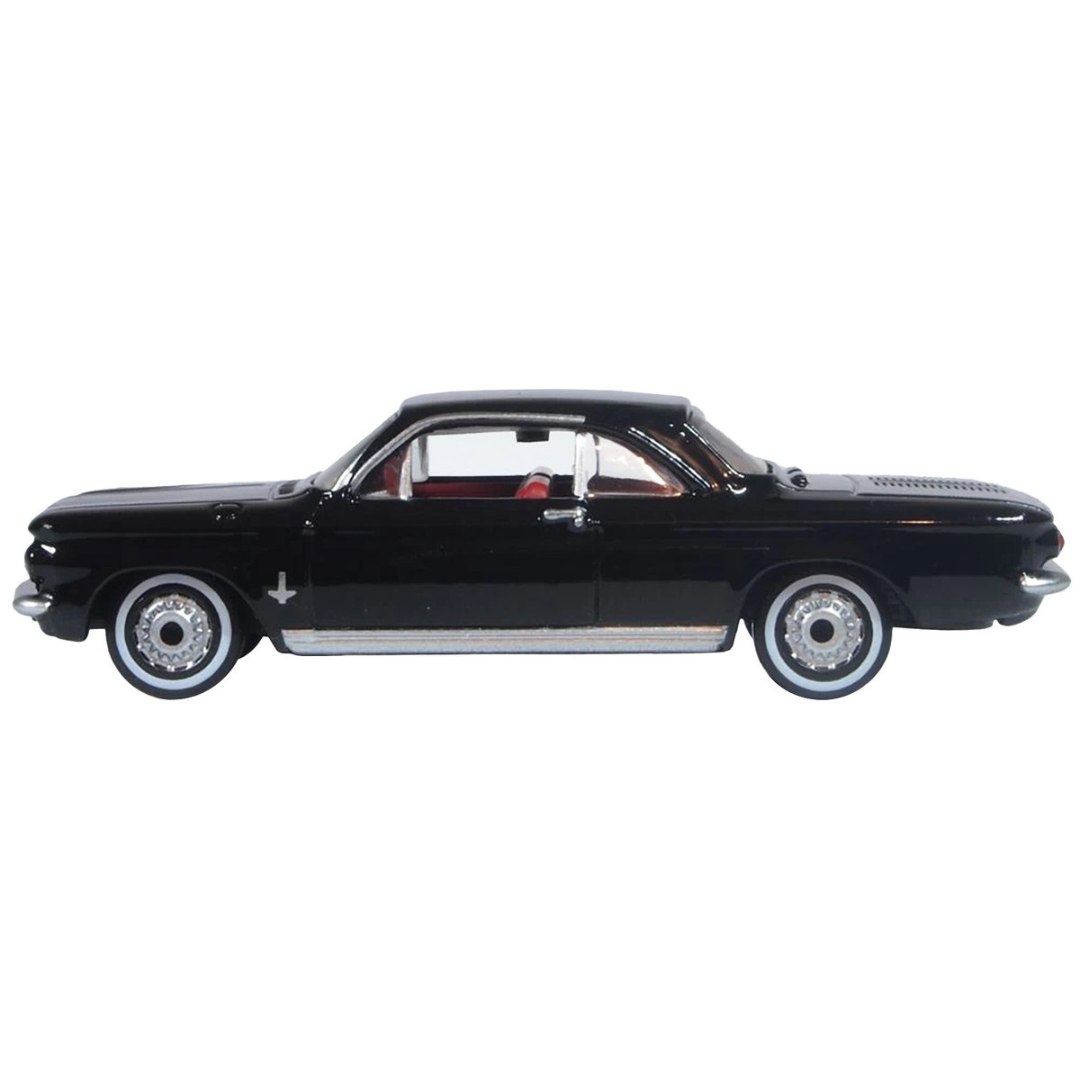 1963 Chevrolet Corvair Coupe Tuxedo Black with Red Interior 1/87 (HO) Scale Diecast Model Car