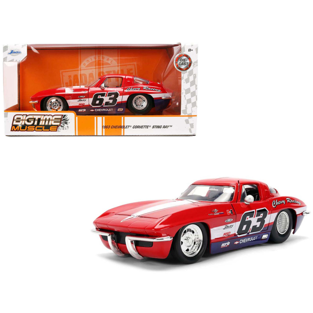 1963 Chevrolet Corvette Stingray #63 "Chevy Racing" Red with White and Blue Stripes "Bigtime Muscle" Series 1/24 Diecast Model Car