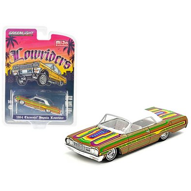 1964 Chevrolet Impala Lowrider Gold Metallic with Graphics and White Top and Interior "Lowriders" Series Limited Edition 1/64 Diecast Model Car