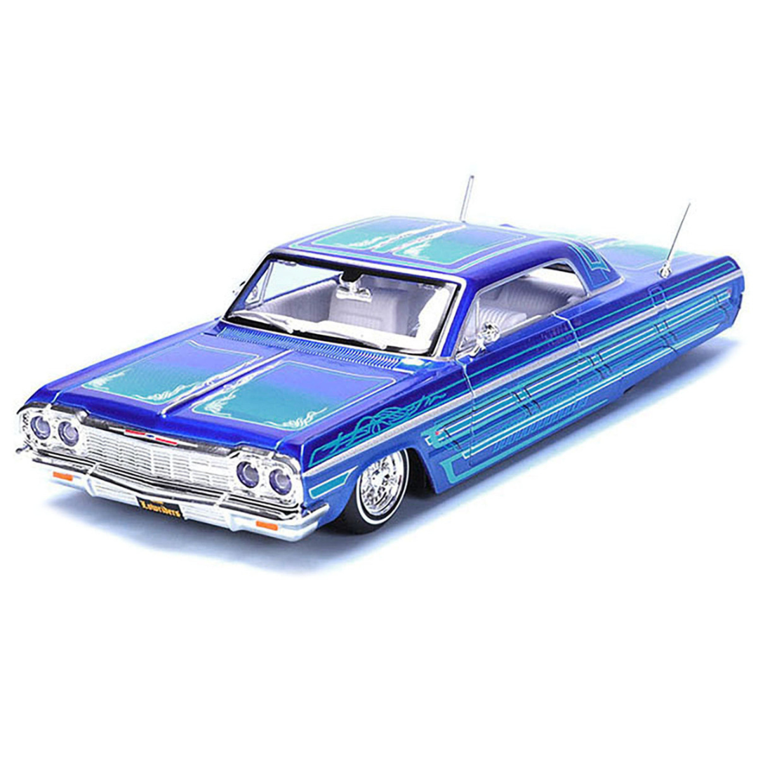 1964 Chevrolet Impala SS Lowrider Candy Blue with Graphics and White Interior "Lowriders" "Maisto Design" Series 1/26 Diecast Model Car