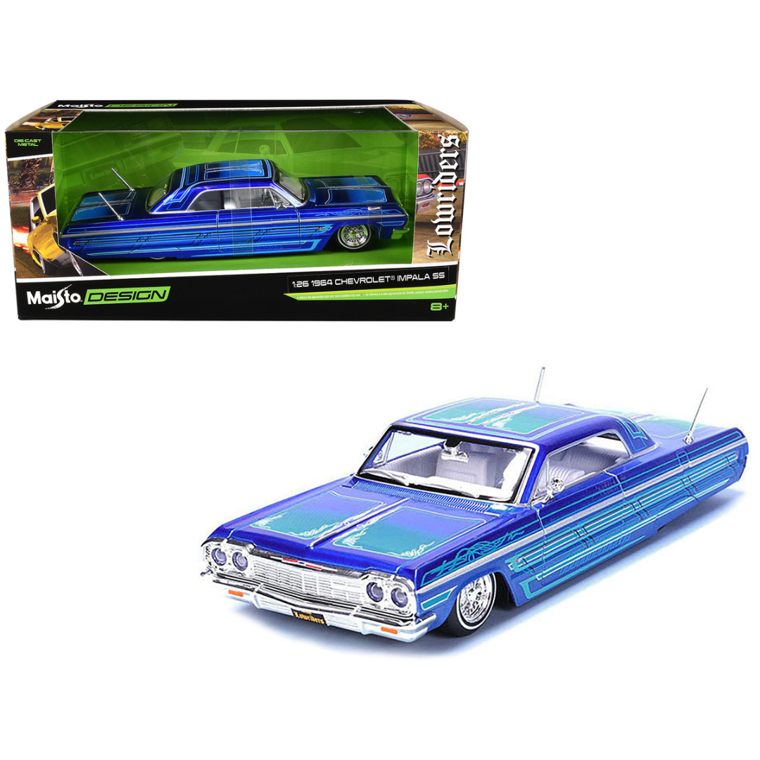 1964 Chevrolet Impala SS Lowrider Candy Blue with Graphics and White Interior "Lowriders" "Maisto Design" Series 1/26 Diecast Model Car