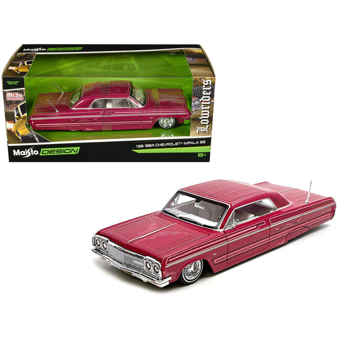 1964-chevrolet-impala-ss-lowrider-pink-with-graphics-and-white-interior-lowriders-maisto-design-series-1-26-diecast-model-car