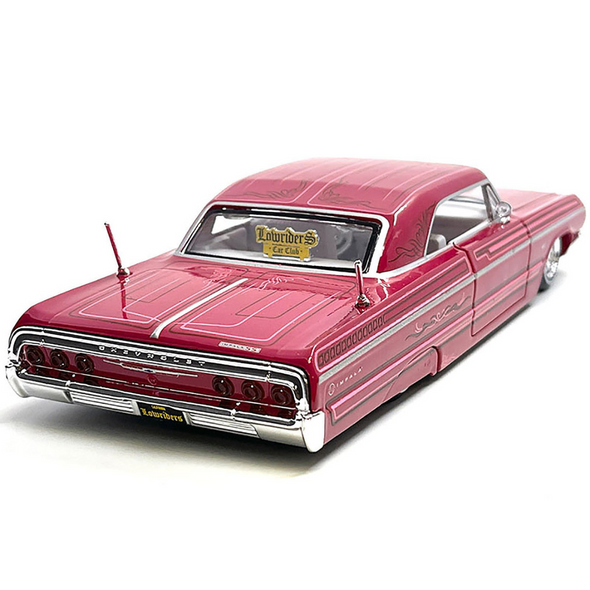 1964-chevrolet-impala-ss-lowrider-pink-with-graphics-and-white-interior-lowriders-maisto-design-series-1-26-diecast-model-car