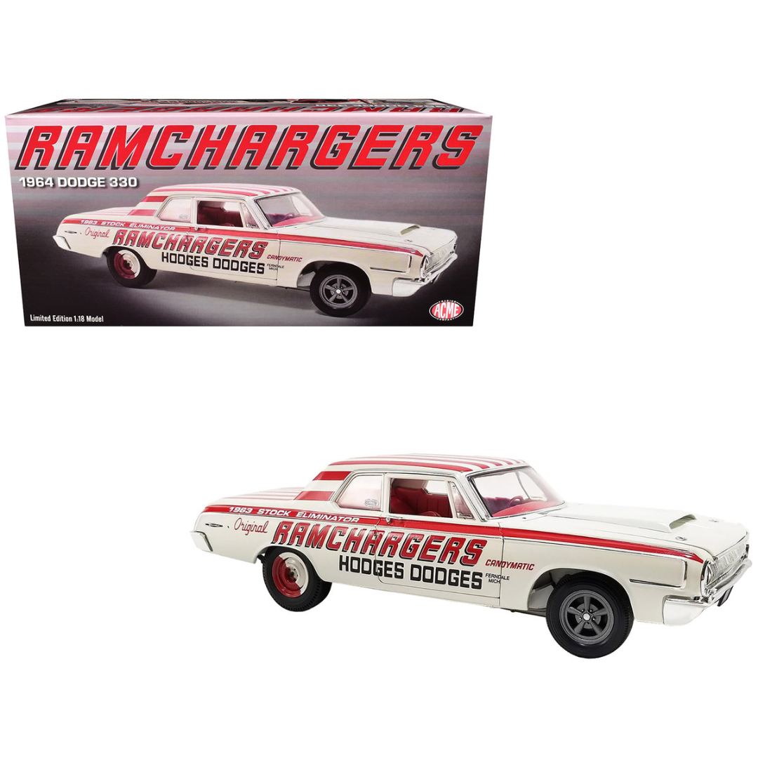 1964 Dodge 330 "Ramchargers" White with Red Graphics and Stripes Limited Edition to 504 pieces Worldwide 1/18 Diecast Model Car