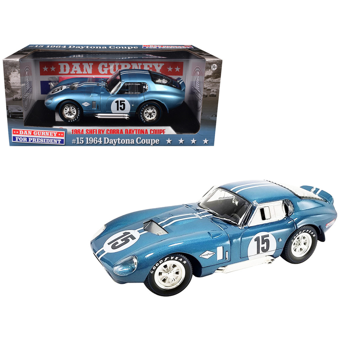 1964 Shelby Cobra Daytona Coupe #15 "Dan Gurney for President" Blue Metallic with White Stripes 1/18 Diecast Model Car