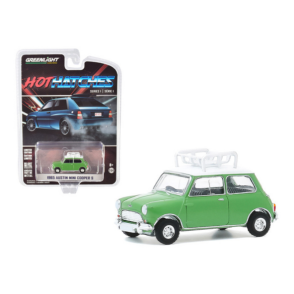 1965 Austin Mini Cooper S with Roof Rack Green with White Top "Hot Hatches" Series 1 1/64 Diecast Model Car by Greenlight