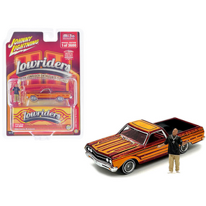 1965 Chevrolet El Camino Lowrider Red Metallic with Orange Graphics and Red Interior and Diecast Figure Limited Edition to 3600 pieces Worldwide 1/64 Diecast Model Car by Johnny Lightning