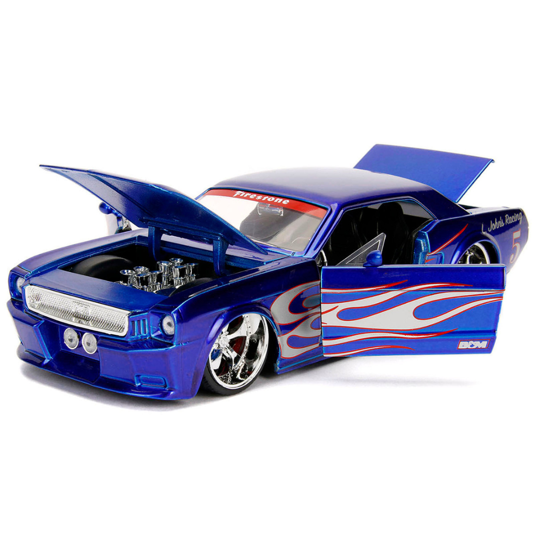 1965 Ford Mustang #5 "L. John's Racing" Candy Blue with Flame Graphics "Bigtime Muscle" Series 1/24 Diecast Model Car