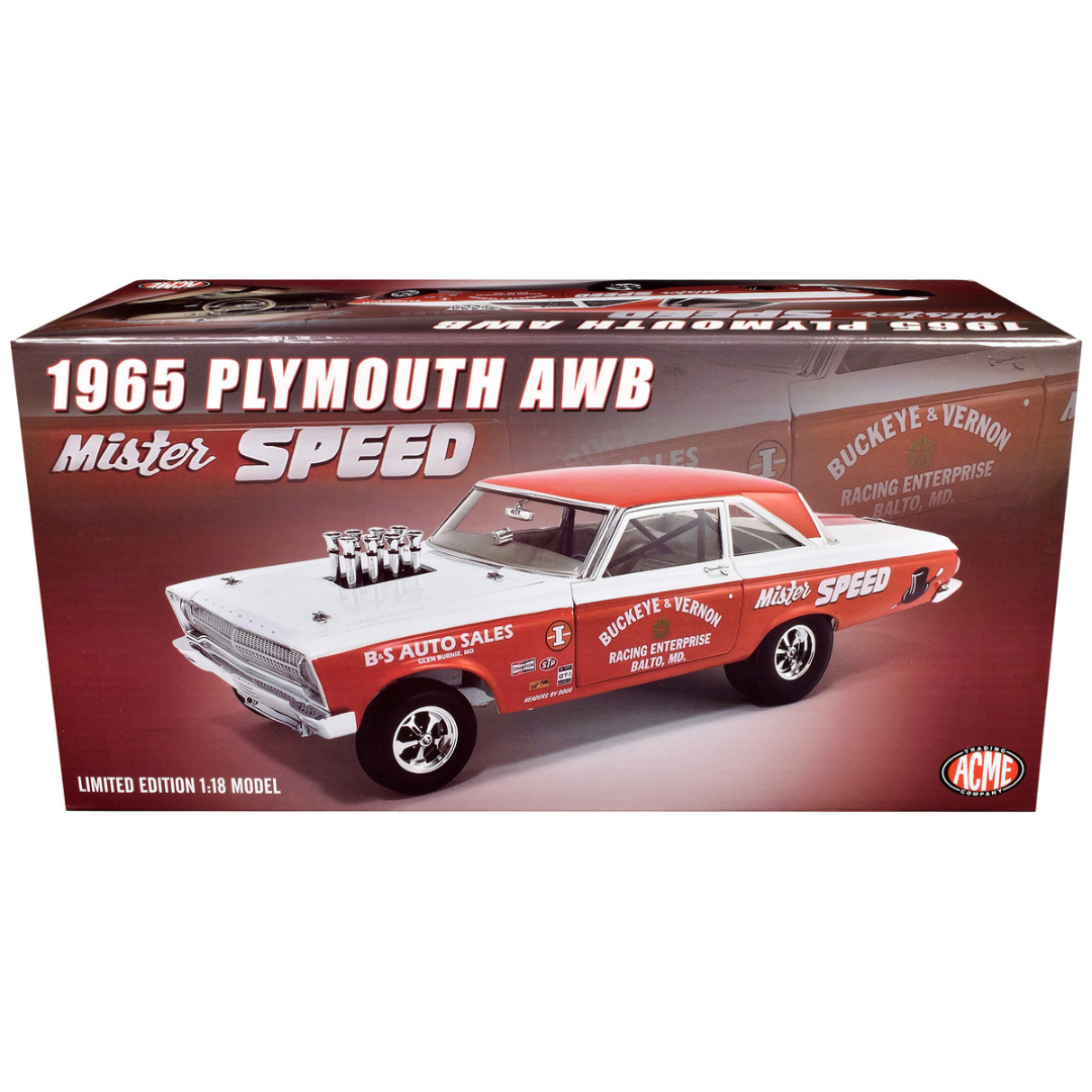 1965 Plymouth AWB "Mister Speed" Red and White with Graphics Limited Edition 1/18 Diecast Model Car