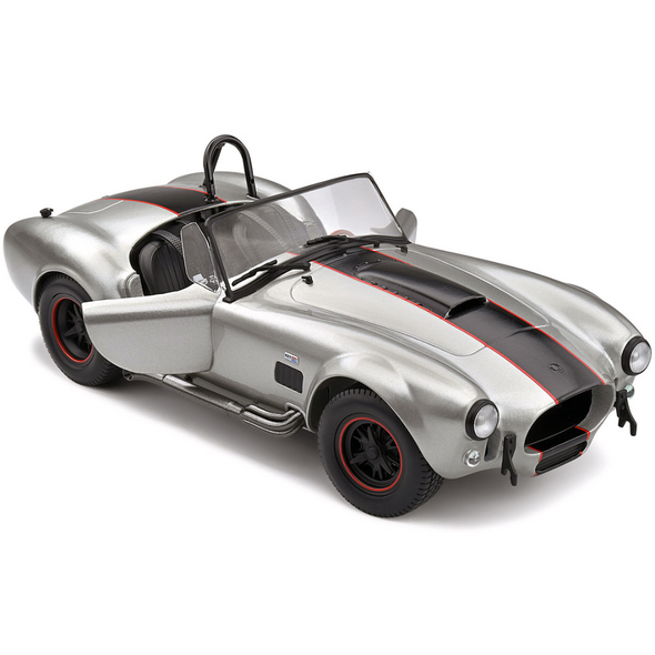 1965 Shelby AC Cobra 427 MKII Silver with Red and Black Stripes 1/18 Diecast Model Car