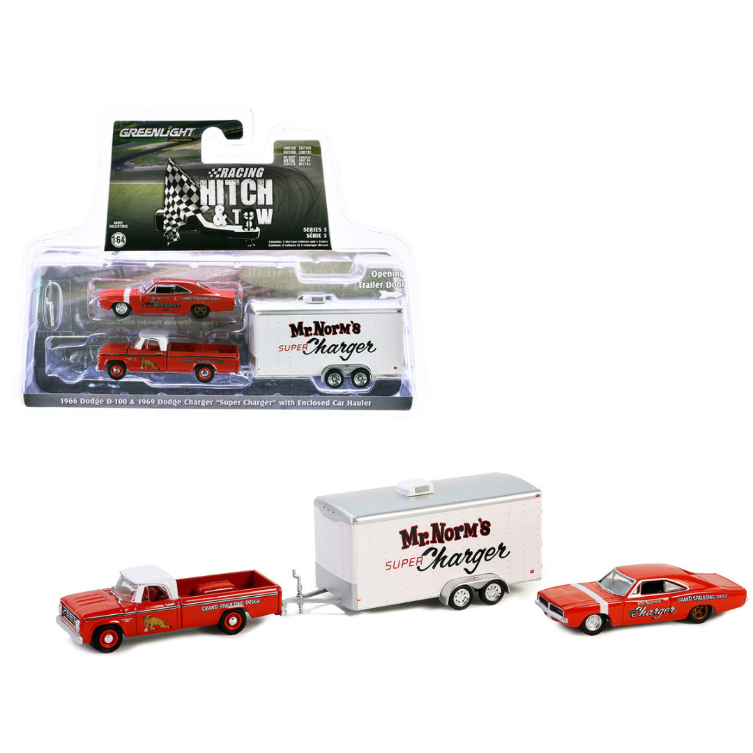 1966 Dodge D-100 Pickup Truck Red with White Top and 1969 Dodge Super Charger Red with White Stripe with Enclosed Car Hauler "Mr. Norm’s Super Charger" "Racing Hitch & Tow" Series 5 1/64 Diecast Model Car