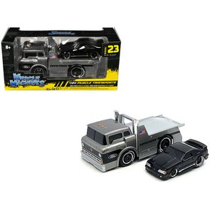 1966 Ford C600 Flatbed Truck Gray Metallic and 1993 Ford Mustang SVT Cobra Black "Toyo Tires" "Muscle Transports" Series 1/64 Diecast Models