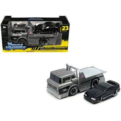 1966-ford-c600-flatbed-truck-gray-metallic-and-1993-ford-mustang-svt-cobra-black-toyo-tires-muscle-transports-series-1-64-diecast-models