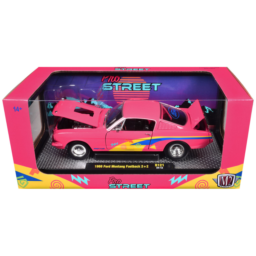 1966 Ford Mustang Fastback 2+2 Pink with Blue and Yellow Stripes "Pro Street" Limited Edition 1/24 Diecast Model Car