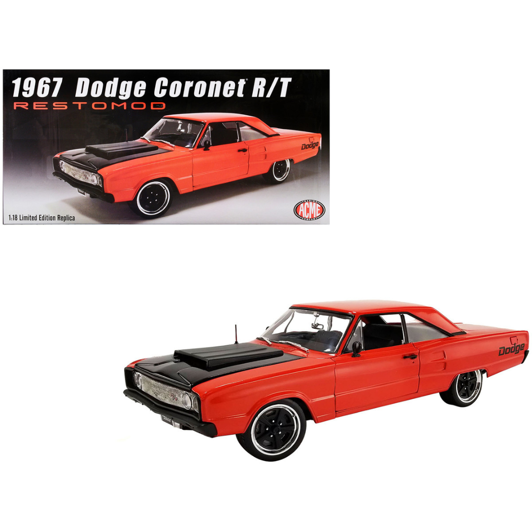 1967 Dodge Coronet R/T "Restomod" Primer Red with Black Hood Limited Edition 1/18 Diecast Model Car