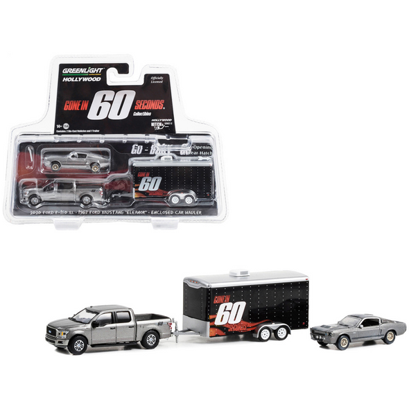 1967 Ford Mustang "Eleanor" and 2020 Ford F-150 XL STX Pickup Truck with Trailer 1/64 Diecast