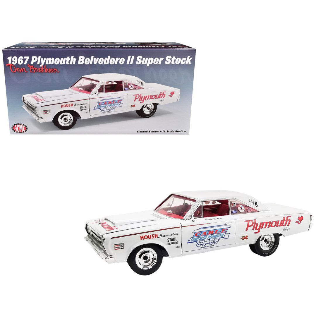 1967 Plymouth Belvedere II Super Stock "Don Grotheer" White with Graphics and Red Interior Limited Edition to 306 pieces Worldwide 1/18 Diecast Model Car