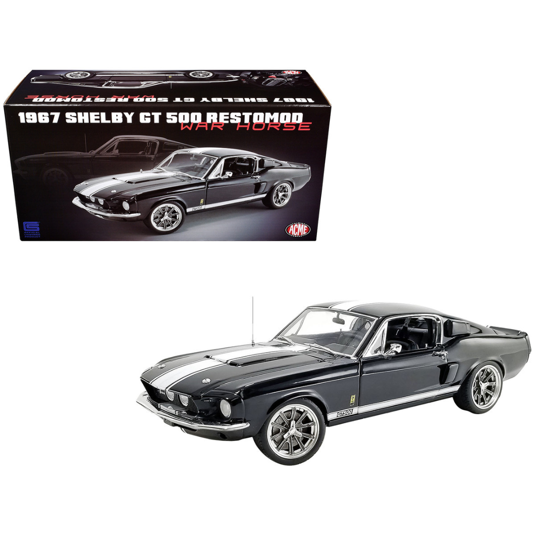 1967 Shelby GT500 Restomod "War Horse" Black with White Stripes Limited Edition 1/18 Diecast Model Car