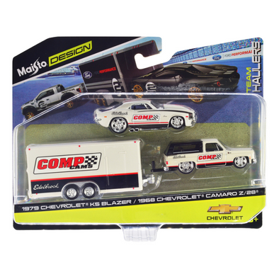 1968-camaro-and-1975-blazer-with-comp-cams-car-trailer-1-64-diecast-model-by-maisto