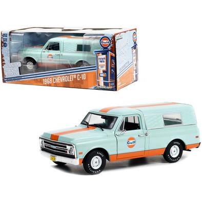 1968-chevrolet-c-10-pickup-truck-light-blue-with-orange-with-camper-shell-gulf-oil-1-24-diecast