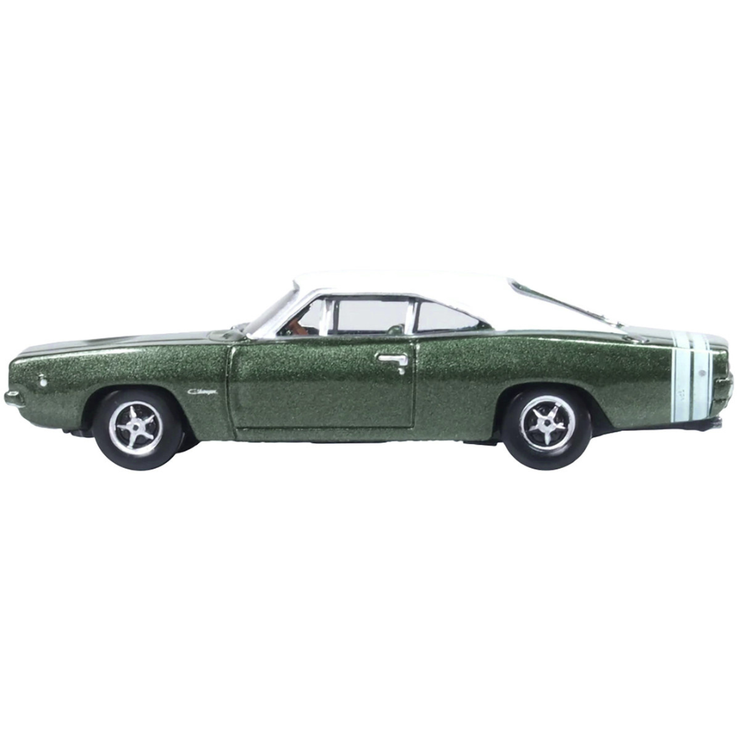 1968 Dodge Charger Racing Green Metallic with White Top and Tail Stripe 1/87 (HO) Scale Diecast Model Car