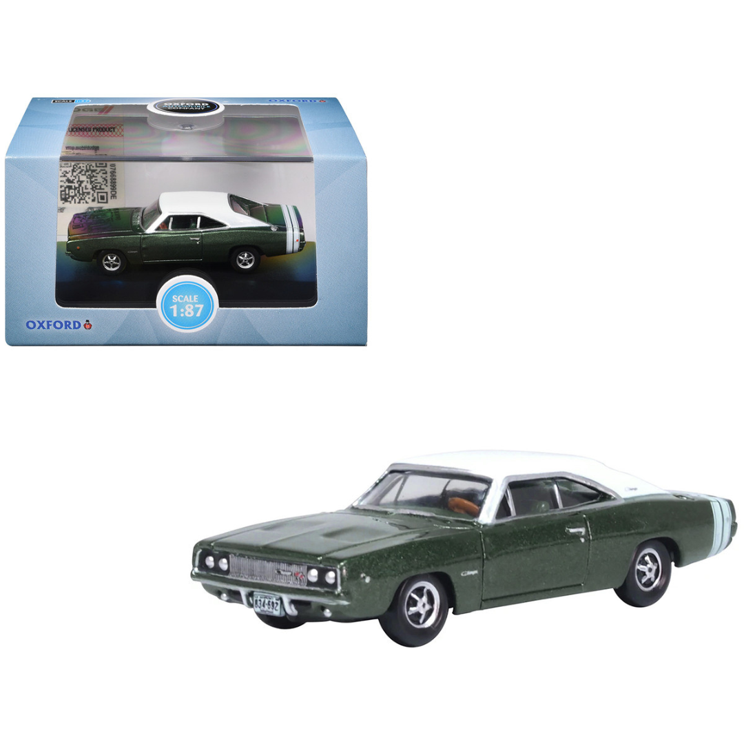 1968 Dodge Charger Racing Green Metallic with White Top and Tail Stripe 1/87 (HO) Scale Diecast Model Car