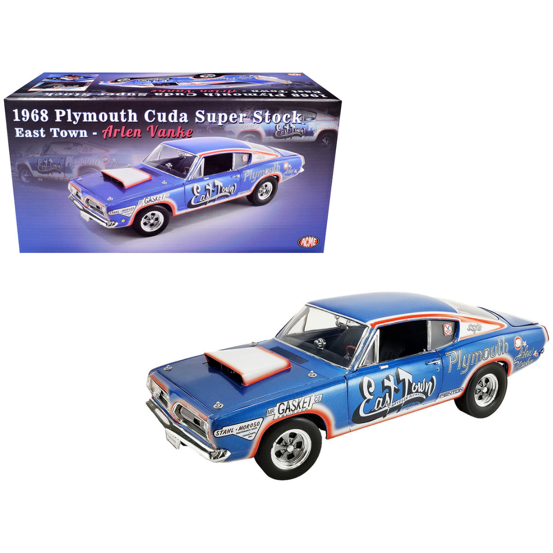 1968 Plymouth HEMI Barracuda Super Stock "East Town - Arlen Vanke" Blue with Graphics Limited Edition 1/18 Diecast Model Car