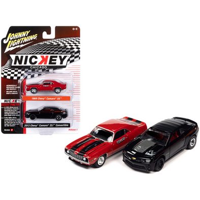 1969 Chevrolet Camaro SS Red and 2013 Chevrolet Camaro ZL1 Convertible Black "Nickey Chicago" Set of 2 Cars 1/64 Diecast Model Cars by Johnny Lightning