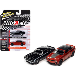 1969-chevrolet-camaro-ss-and-2013-chevrolet-camaro-zl1-convertible-nickey-chicago-set-of-2-cars-1-64-diecast-model-cars-by-johnny-lightning