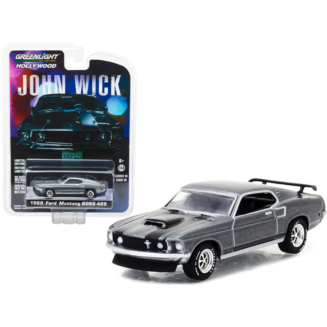 1969 Ford Mustang Boss 429 Gray Metallic with Black Stripes "John Wick" 1/64 Diecast