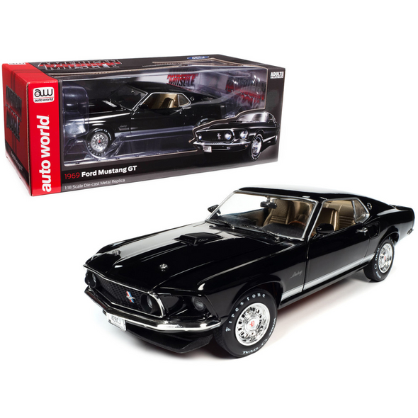 1969 Ford Mustang GT Raven Black with White Stripes and Gold Interior 1/18 Diecast