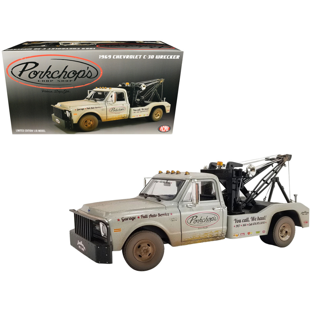 1969 Chevrolet C-30 Wrecker Tow Truck "Porkchop's Chop Shop" Silver Metallic (Weathered) 1/18 Diecast Model Car