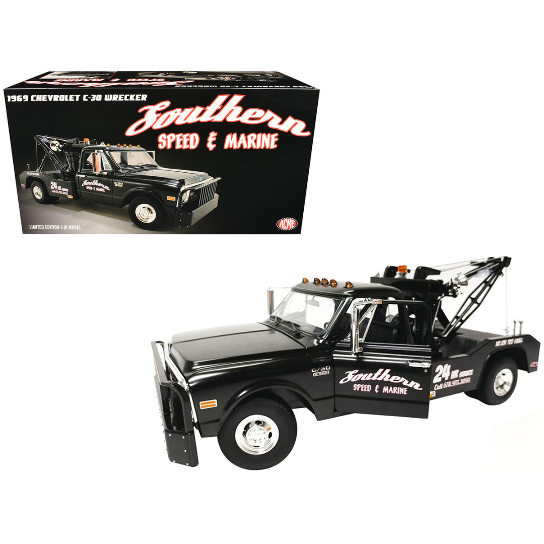 1969 Chevrolet C-30 Wrecker Tow Truck "Southern Speed & Marine" Black 1/18 Diecast Model Car