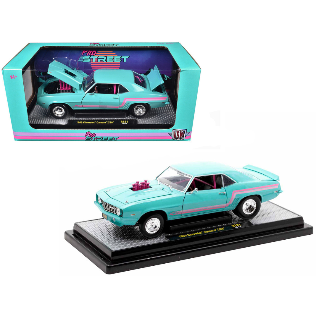 1969 Chevrolet Camaro Z/28 Light Blue with Pink Stripes "Pro Street" Limited Edition to 6250 pieces Worldwide 1/24 Diecast Model Car