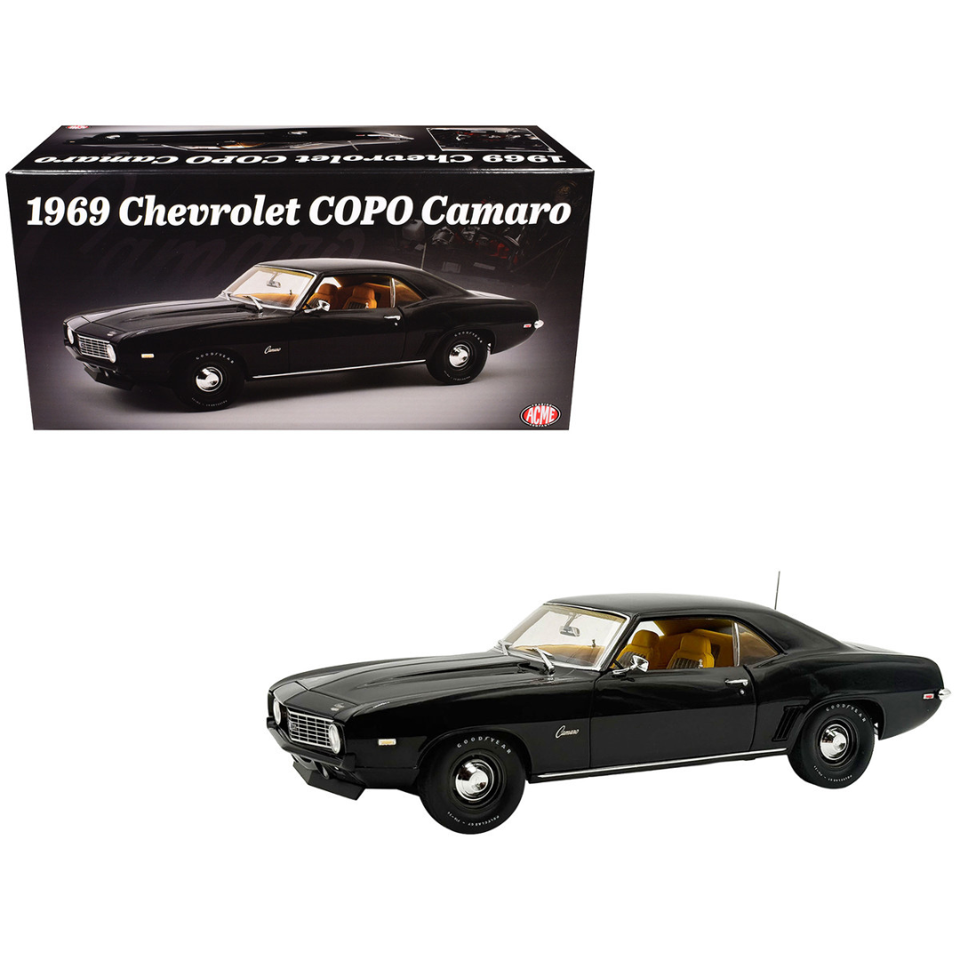 1969 Chevrolet COPO Camaro Tuxedo Black with Yellow Interior Limited Edition to 402 pieces Worldwide 1/18 Diecast Model Car
