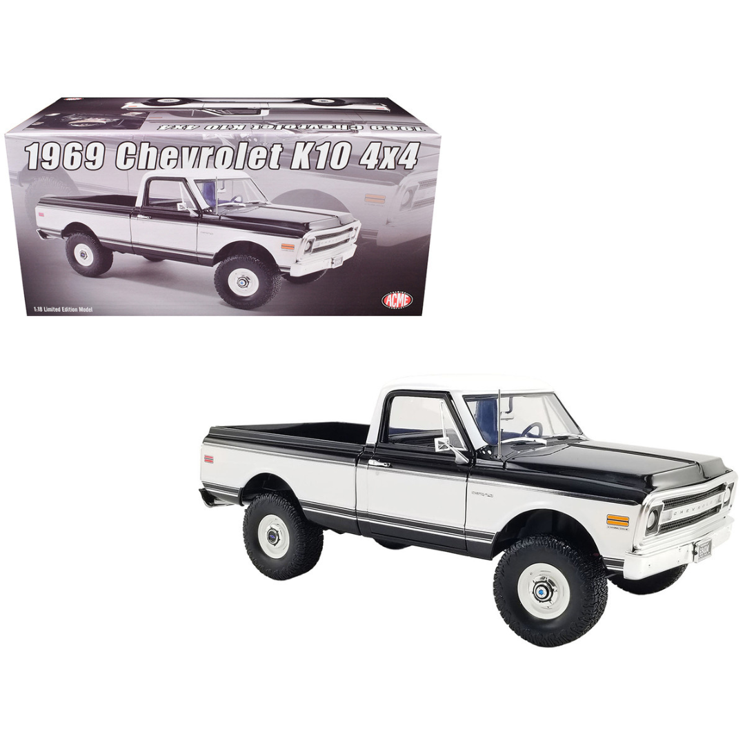 1969 Chevrolet K10 4x4 Pickup Truck Black and White Limited Edition 1/18 Diecast Model Car