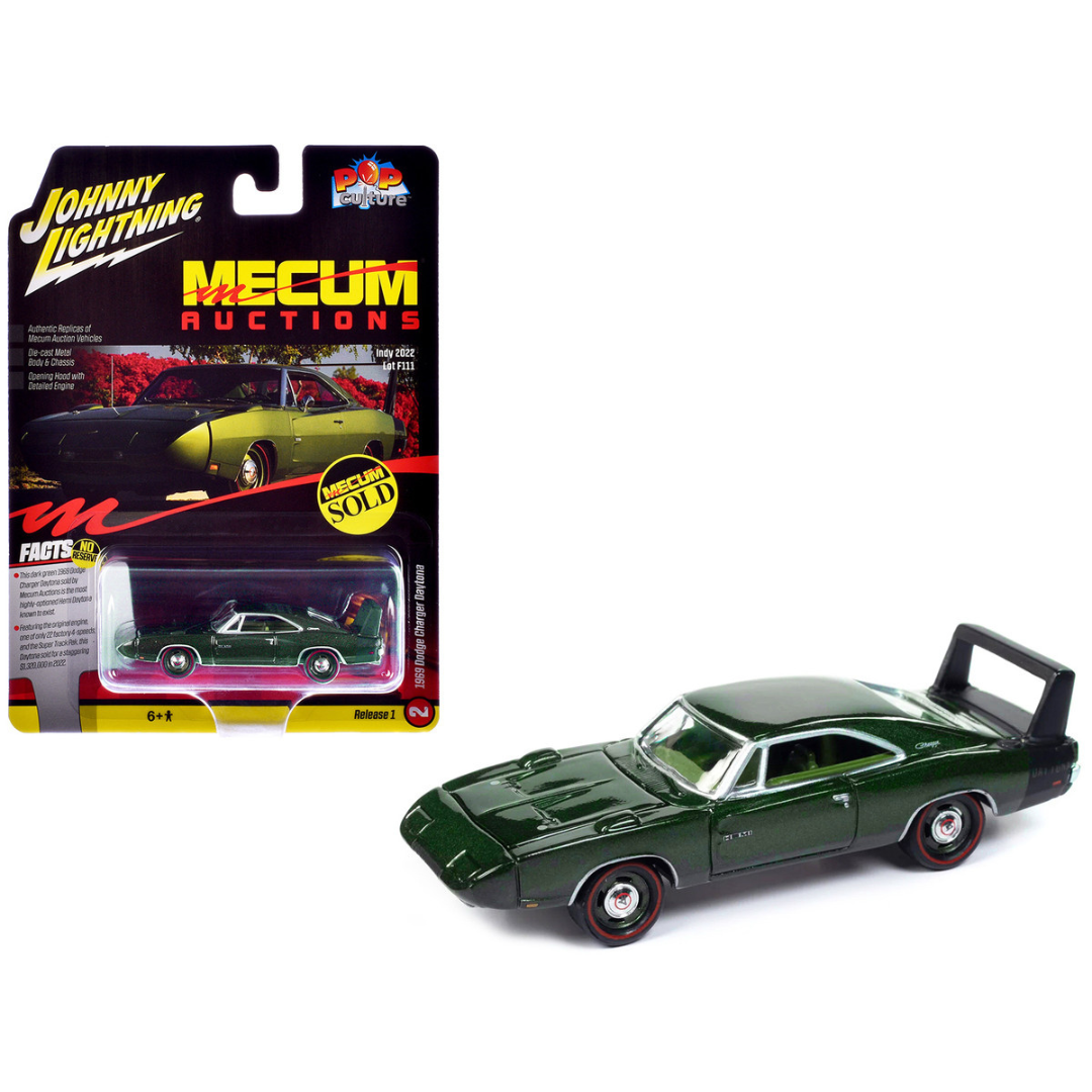 1969 Dodge Charger Daytona Dark Green Metallic with Green Interior "Mecum Auctions" Pop Culture 2024 Release 1 1/64 Diecast Model Car