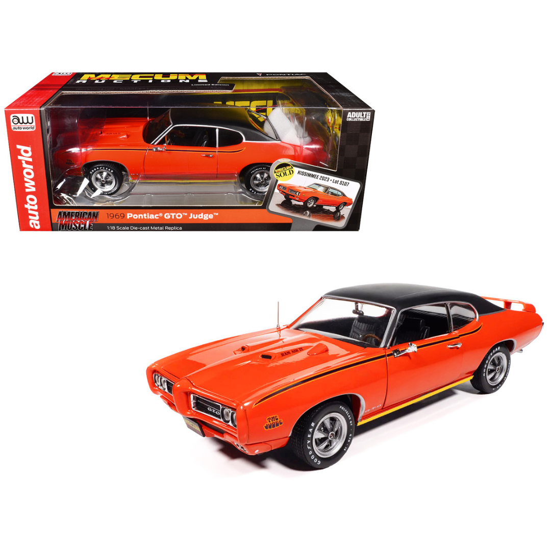 1969 Pontiac GTO Judge Carousel Red with Black Stripes and Black Vinyl Top "Mecum Auctions" "American Muscle" Series 1/18 Diecast Model Car