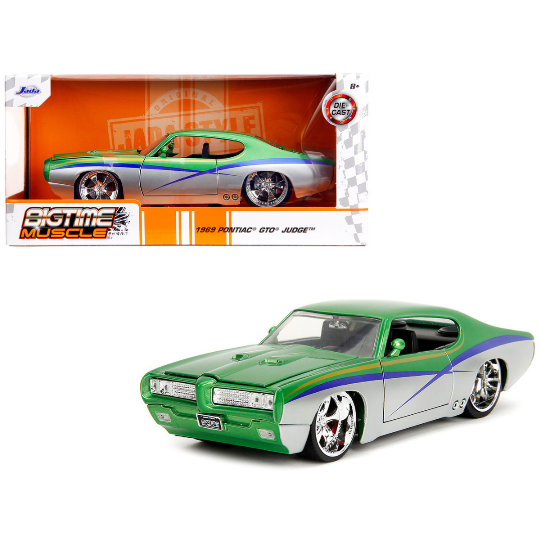 1969 Pontiac GTO Judge Green Metallic and Silver with Stripes "Bigtime Muscle" Series 1/24 Diecast Model Car