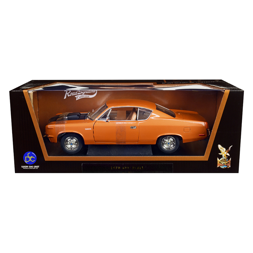 1970-amc-rebel-brown-metallic-with-matt-black-hood-and-silver-stripes-1-18-diecast-model-car-by-road-signature