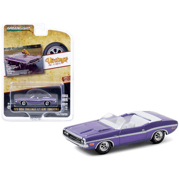 1970 Dodge Challenger R/T HEMI Convertible Plum Crazy "Vintage Ad Cars" 1/64 Diecast Model Car by Greenlight