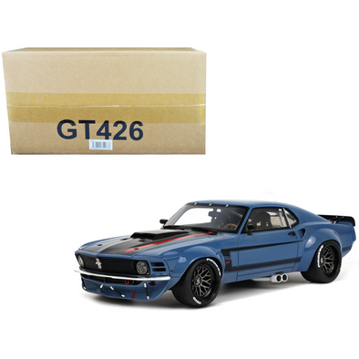 1970 Ford Mustang Blue with Black Hood and Stripes "By Ruffian Cars" 1/18 Model Car