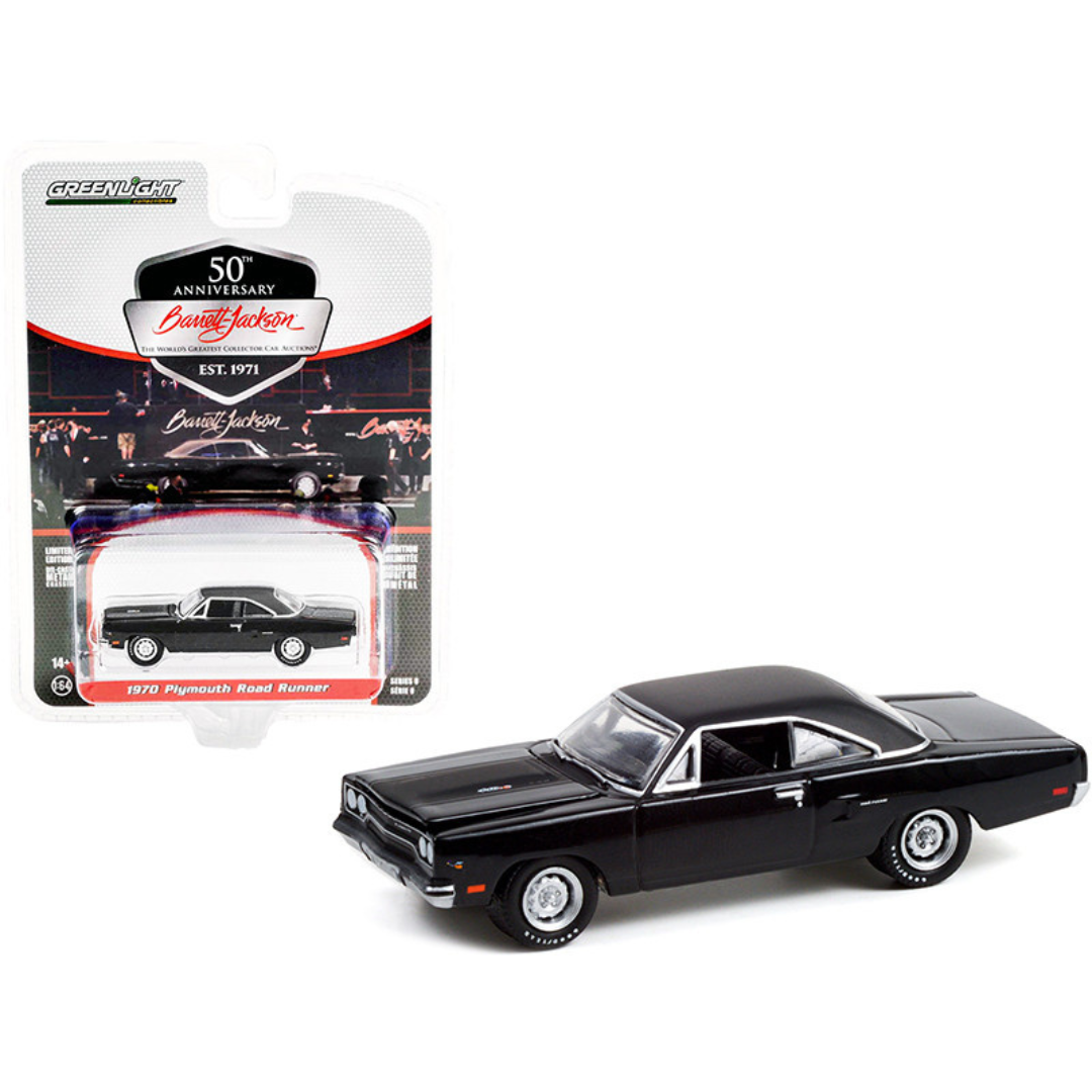 1970-plymouth-road-runner-gloss-black-barrett-jackson-1-64-diecast-model-car-by-greenlight