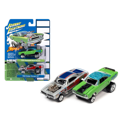 1970 Plymouth Road Runner HEMI Green with Blue Flower Top and Black Stripe and 1969 Dodge Charger R/T Silver Metallic with Graphics "Dick Landy" "Zingers!" Set of 2 Cars "2-Packs" 2023 Release 1 1/64 Diecast Model Cars by Johnny Lightning