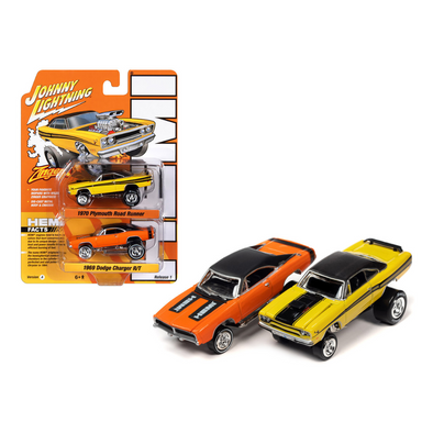 1970 Plymouth Road Runner Yellow with Black Gator Top and Black Stripes and 1969 Dodge Charger R/T HEMI Orange with Black Top and Tail Stripe "Zingers!" Set of 2 Cars "2-Packs" 2023 Release 1 1/64 Diecast Model Cars by Johnny Lightning