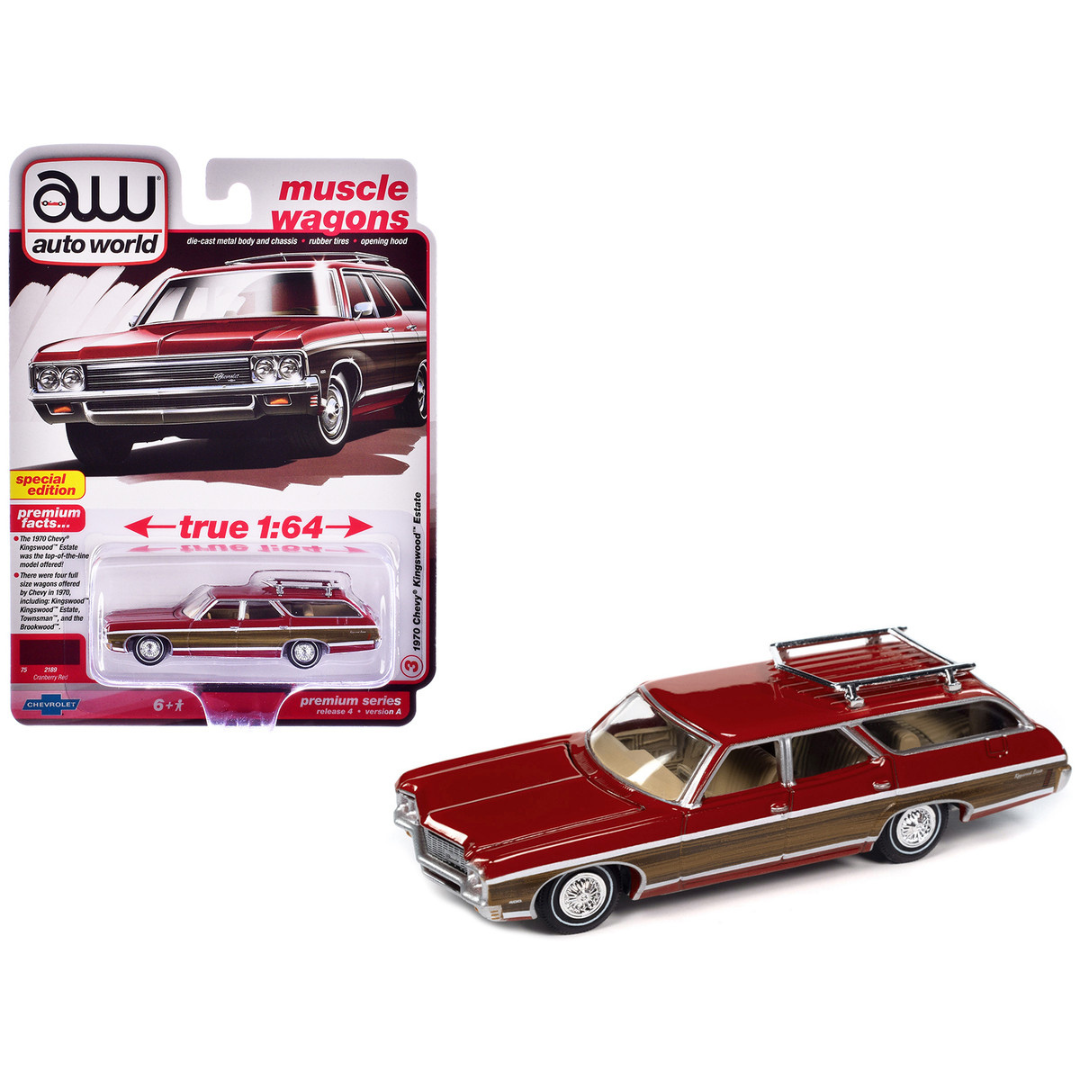 1970 Chevrolet Kingswood Estate Wagon Cranberry Red with Side Wood Panels "Muscle Wagons" Series 1/64 Diecast Model Car