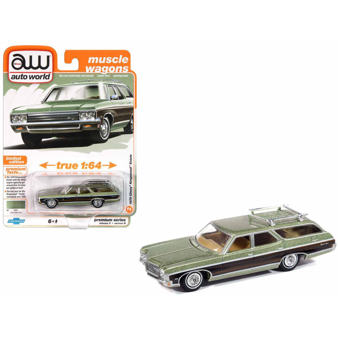 1970 Chevrolet Kingswood Estate Wagon Green Mist Metallic with Woodgrain Sides and Roof Rack "Muscle Wagons" Series 1/64 Diecast Model Car