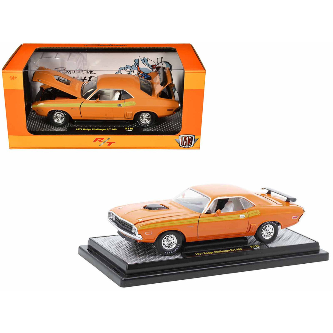 1971 Dodge Challenger R/T 440 Orange with Yellow Stripes and White Interior Limited Edition 1/24 Diecast Model Car