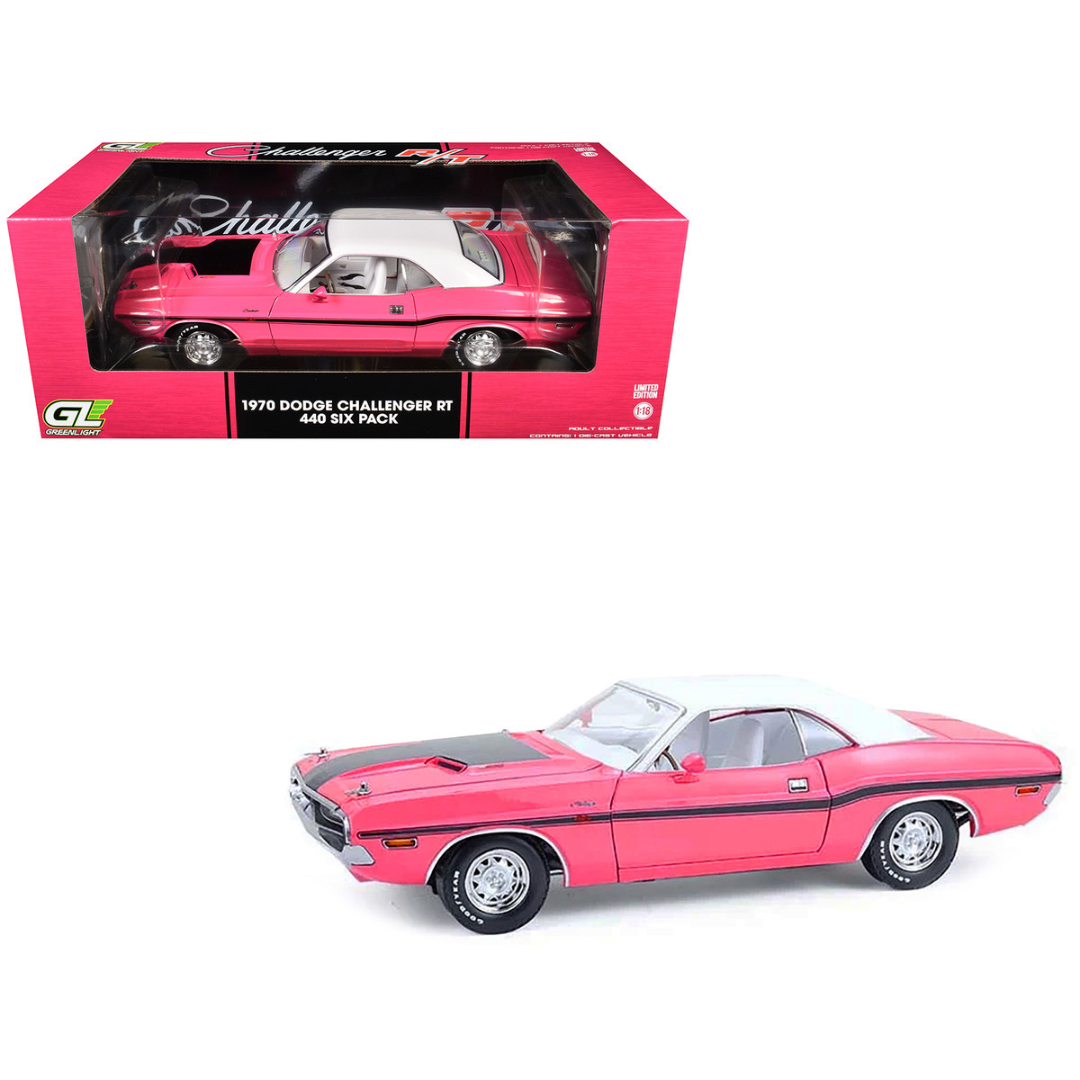 1970 Dodge Challenger R/T 440 Six Pack Panther Pink with Black Stripes White Top and White Interior 1/18 Diecast Model Car
