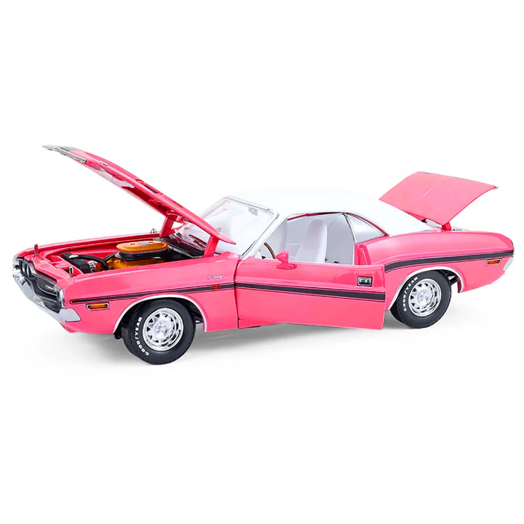 1970 Dodge Challenger R/T 440 Six Pack Panther Pink with Black Stripes White Top and White Interior 1/18 Diecast Model Car